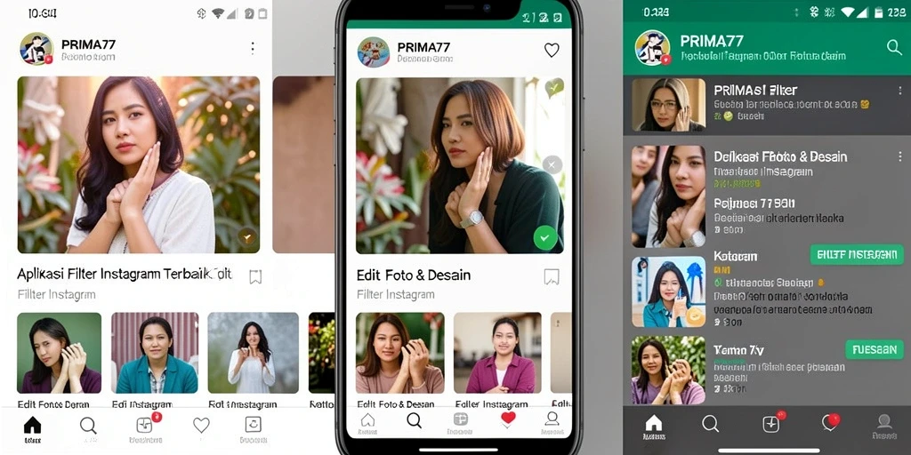 Antarmuka PRIMA77 dengan berbagai filter Instagram menarik.