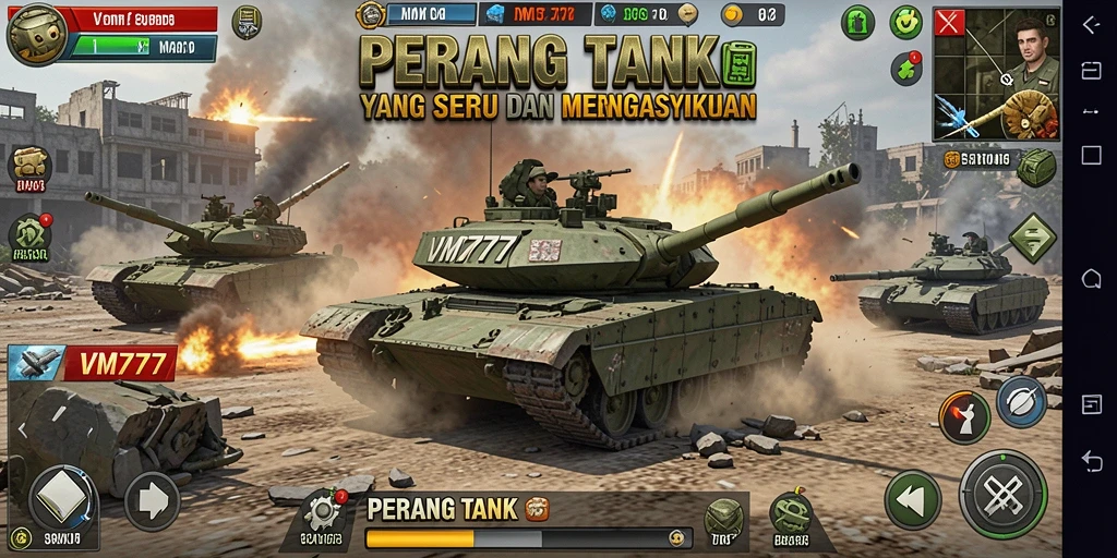 Tampilan antarmuka VM777 dengan pertempuran tank yang intens.